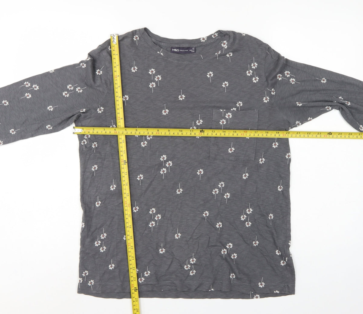 Marks and Spencer Women Grey Floral Pocket Jersey Top UK 12 Long Sleeve