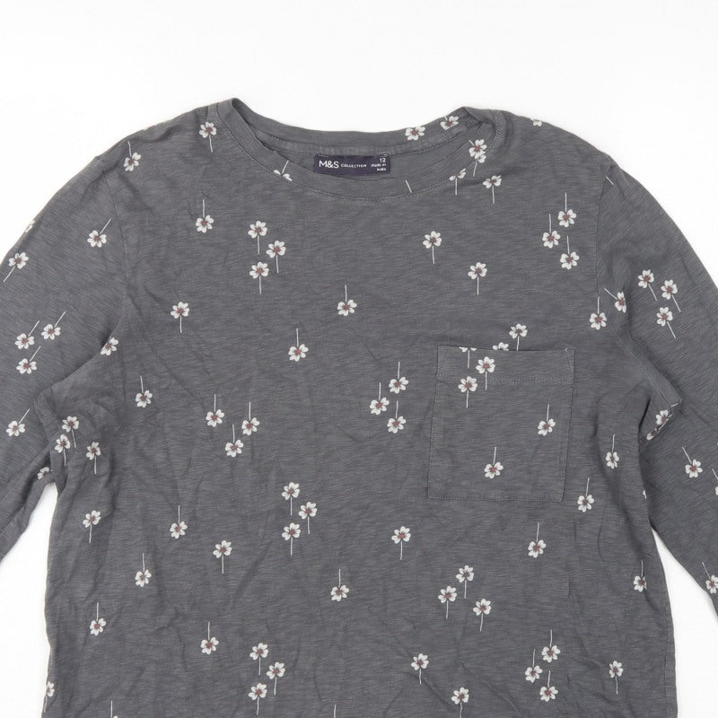 Marks and Spencer Women Grey Floral Pocket Jersey Top UK 12 Long Sleeve