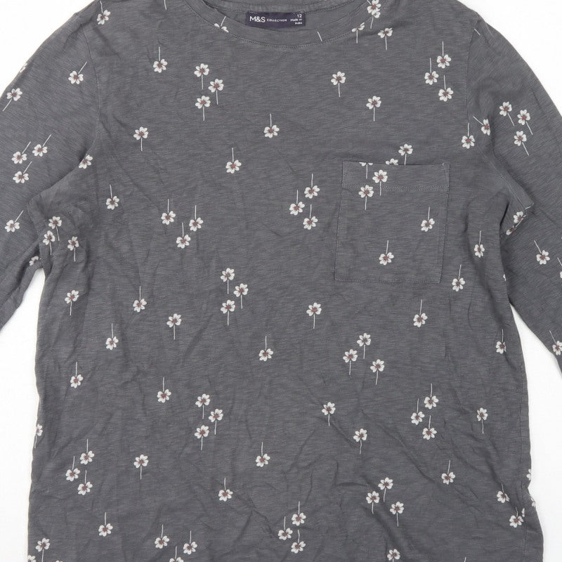 Marks and Spencer Women Grey Floral Pocket Jersey Top UK 12 Long Sleeve