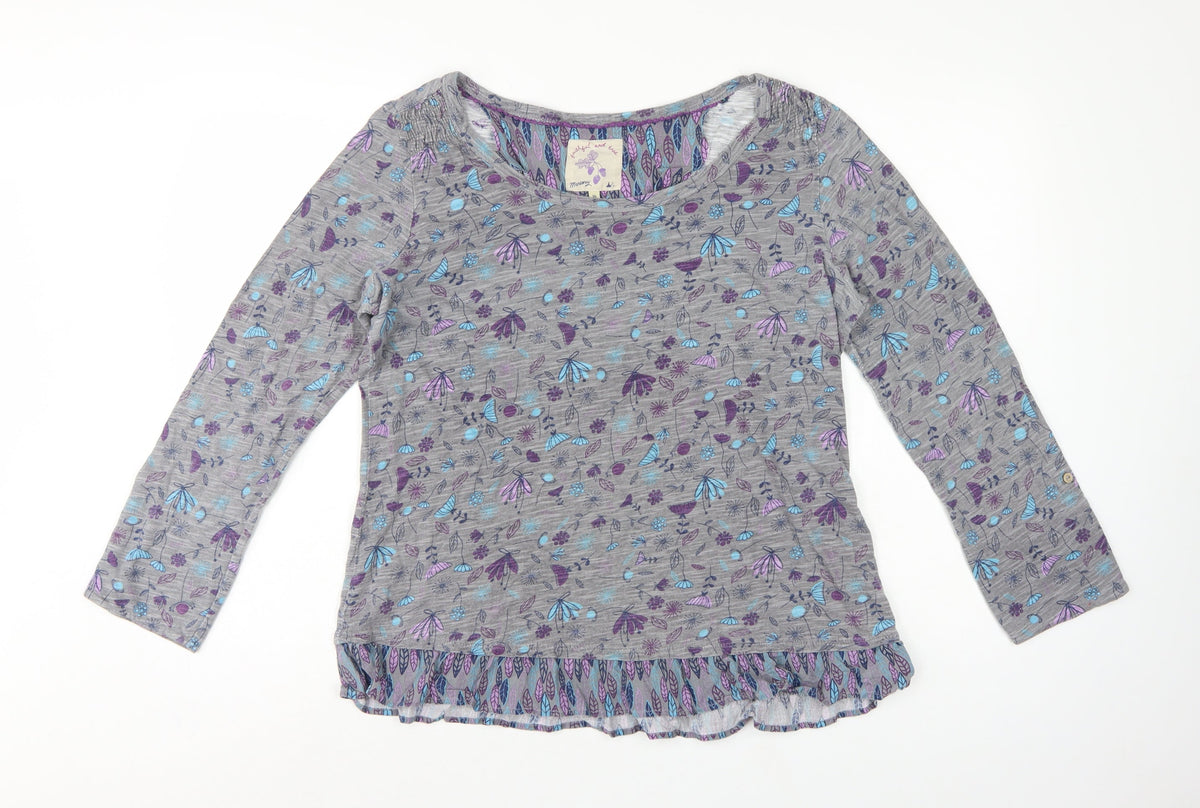 Mantaray Teens Grey Size 16 Floral Ruffle Tunic Blouse Long Sleeve