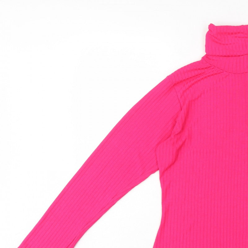 PrettyLittleThing Women Pink UK 16 Ribbed Roll Neck Long Sleeve Slim Top
