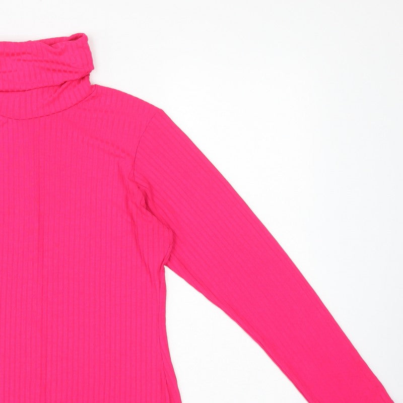 PrettyLittleThing Women Pink UK 16 Ribbed Roll Neck Long Sleeve Slim Top