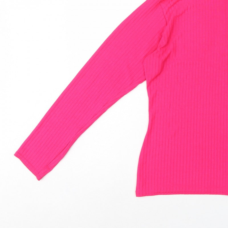 PrettyLittleThing Women Pink UK 16 Ribbed Roll Neck Long Sleeve Slim Top