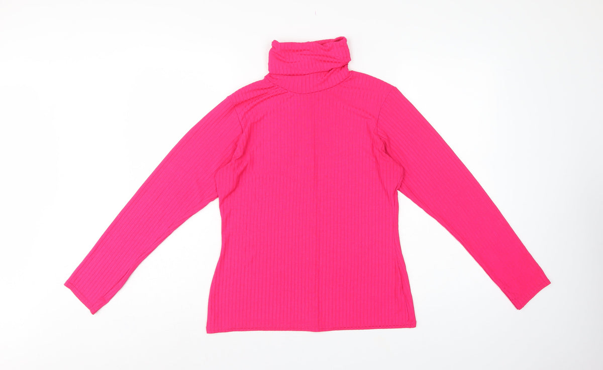PrettyLittleThing Women Pink UK 16 Ribbed Roll Neck Long Sleeve Slim Top