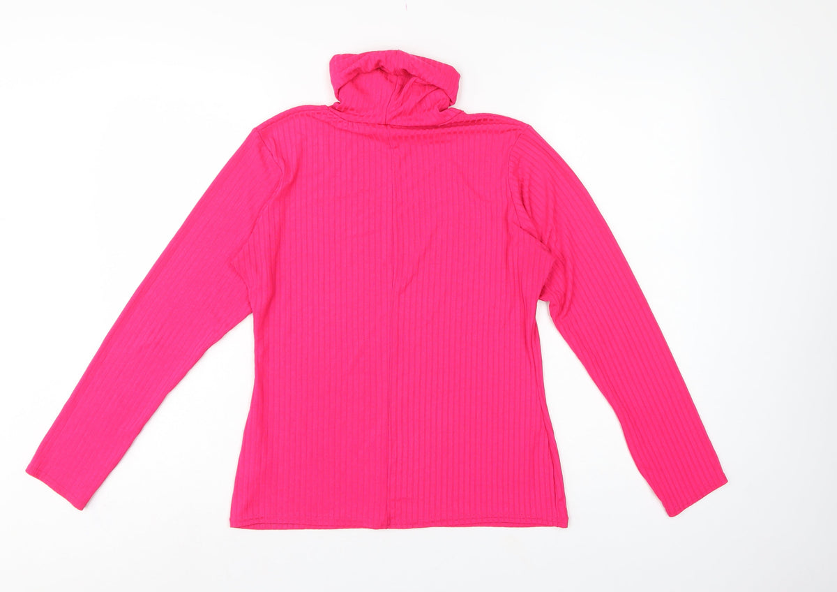 PrettyLittleThing Women Pink UK 16 Ribbed Roll Neck Long Sleeve Slim Top