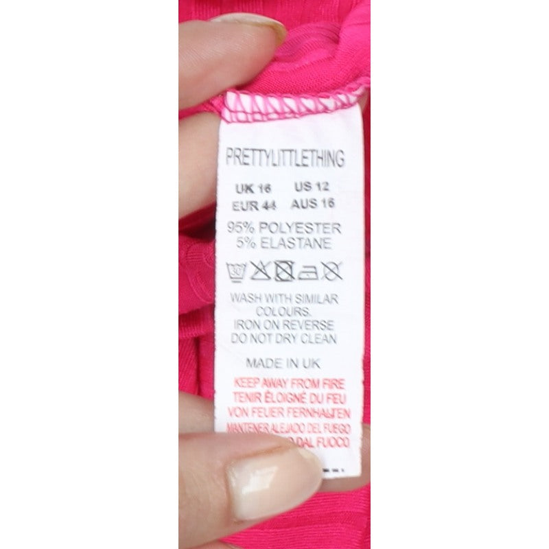 PrettyLittleThing Women Pink UK 16 Ribbed Roll Neck Long Sleeve Slim Top
