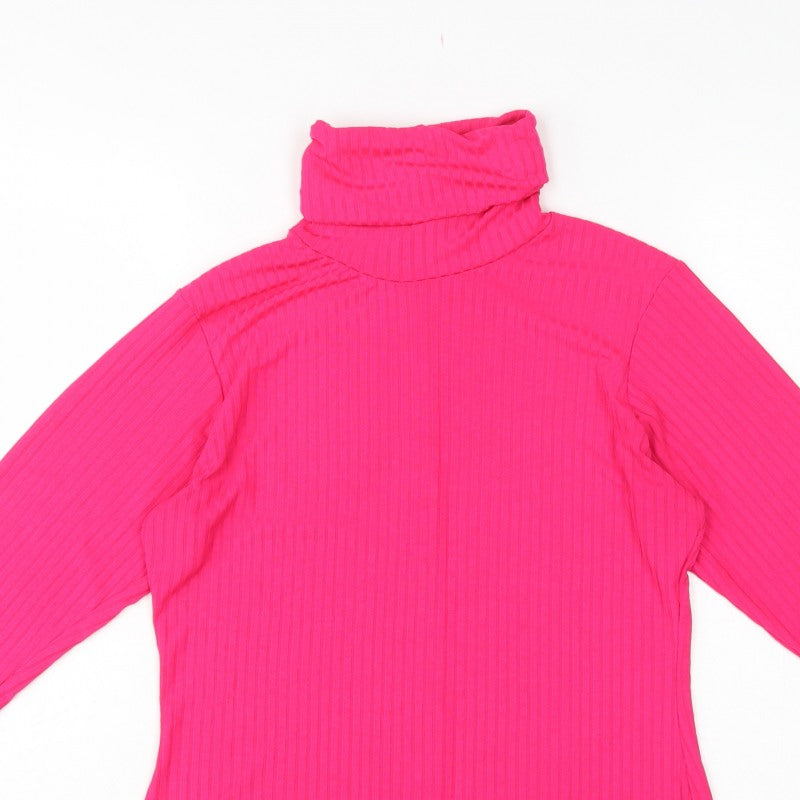 PrettyLittleThing Women Pink UK 16 Ribbed Roll Neck Long Sleeve Slim Top