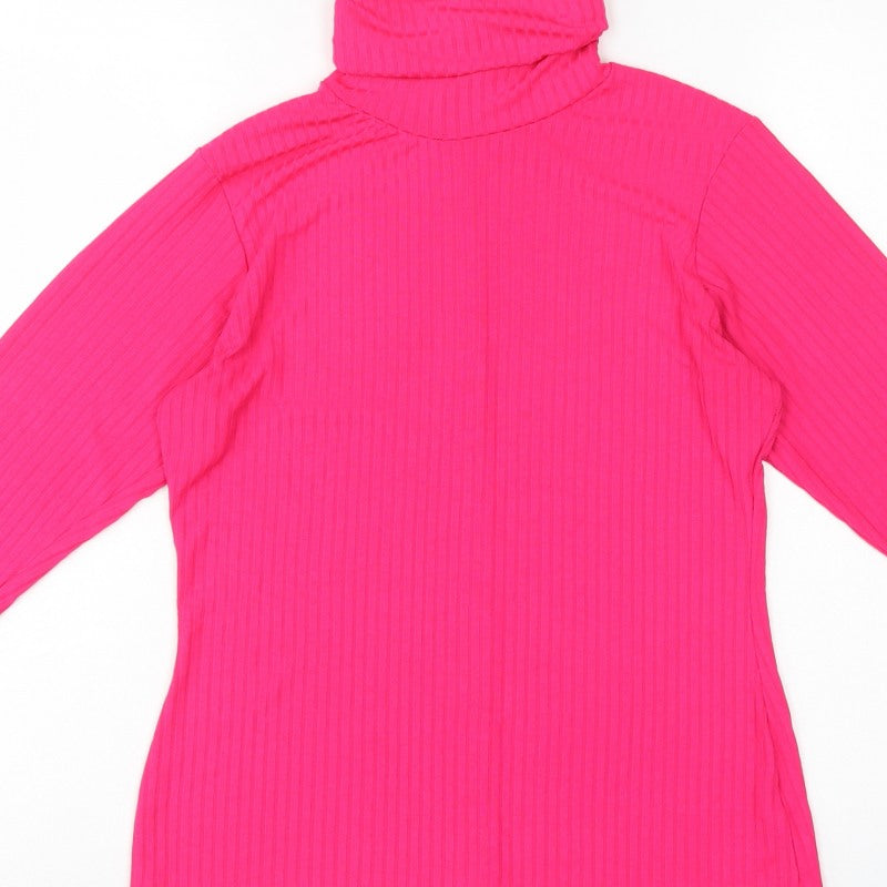 PrettyLittleThing Women Pink UK 16 Ribbed Roll Neck Long Sleeve Slim Top