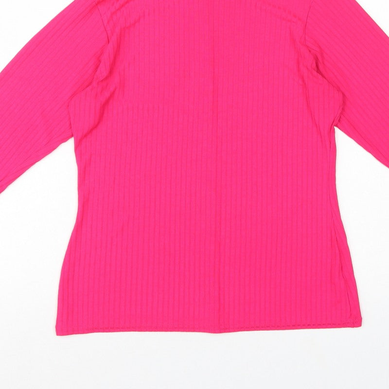 PrettyLittleThing Women Pink UK 16 Ribbed Roll Neck Long Sleeve Slim Top