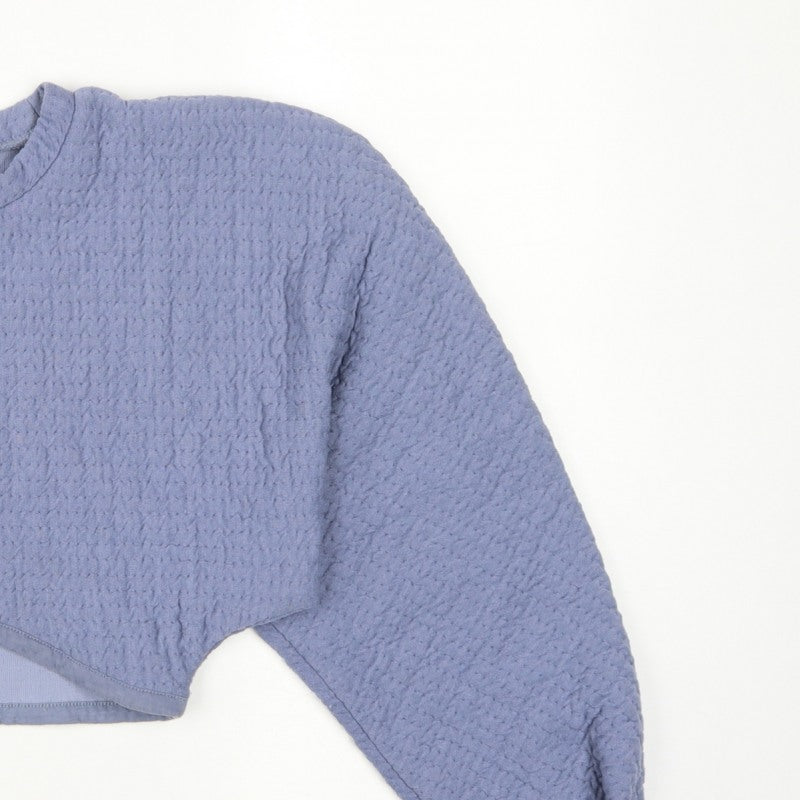 Zara Women Blue M Cropped Textured Long Sleeve Crew Neck Top