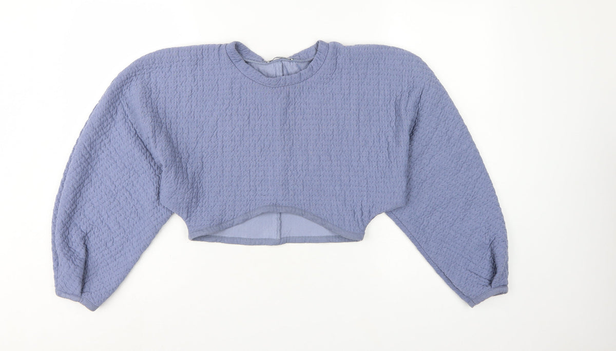 Zara Women Blue M Cropped Textured Long Sleeve Crew Neck Top