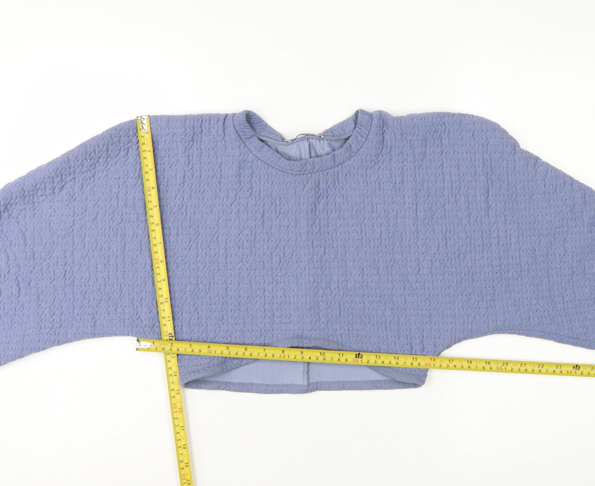 Zara Women Blue M Cropped Textured Long Sleeve Crew Neck Top
