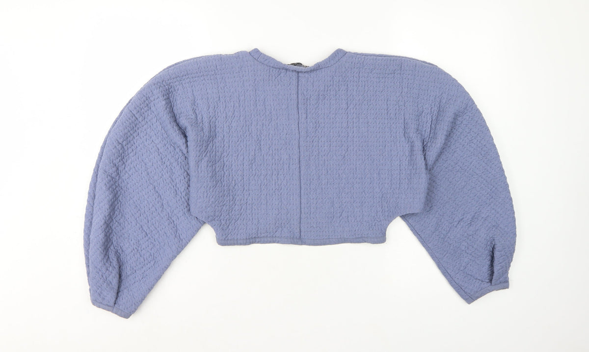 Zara Women Blue M Cropped Textured Long Sleeve Crew Neck Top