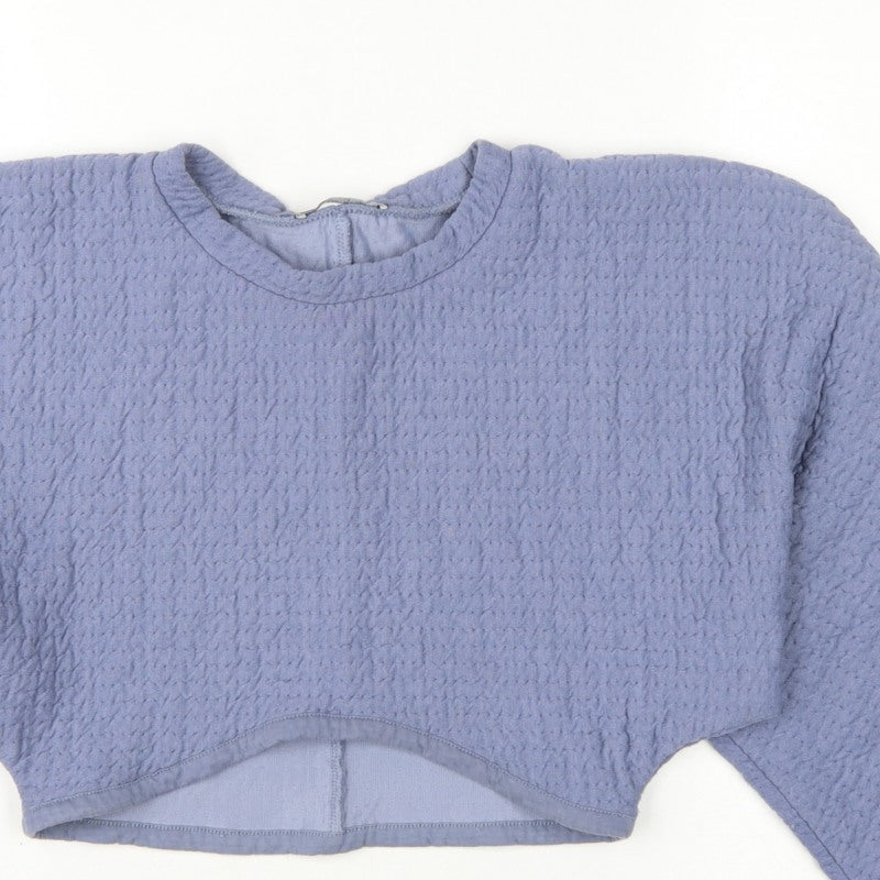 Zara Women Blue M Cropped Textured Long Sleeve Crew Neck Top