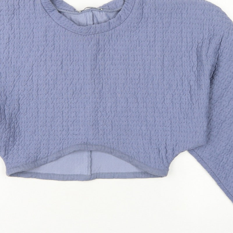 Zara Women Blue M Cropped Textured Long Sleeve Crew Neck Top