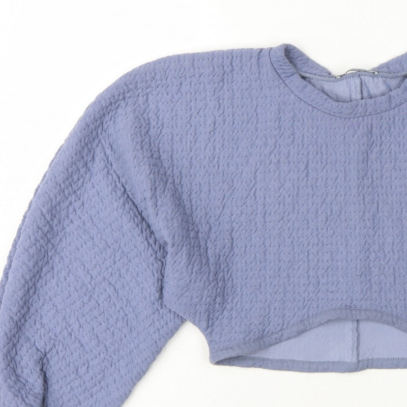 Zara Women Blue M Cropped Textured Long Sleeve Crew Neck Top