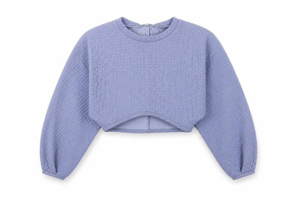 Zara Women Blue M Cropped Textured Long Sleeve Crew Neck Top