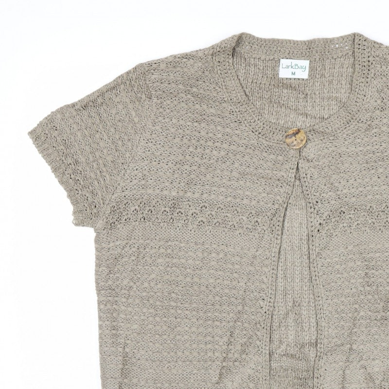 LarkBay Women's Beige M Open Knit Short Sleeve Button Cardigan