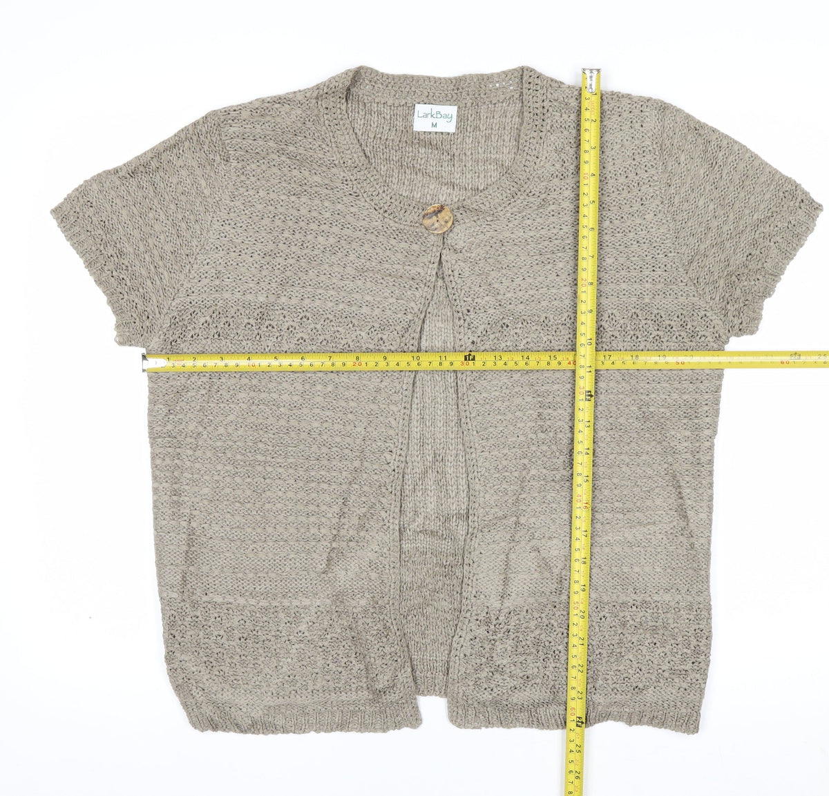 LarkBay Women's Beige M Open Knit Short Sleeve Button Cardigan