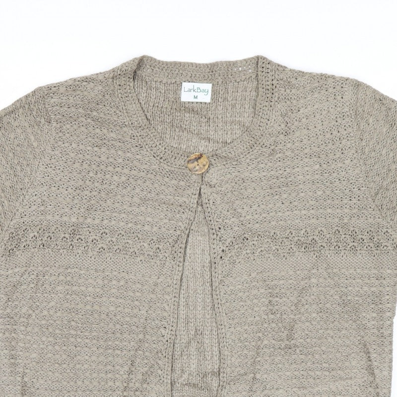 LarkBay Women's Beige M Open Knit Short Sleeve Button Cardigan
