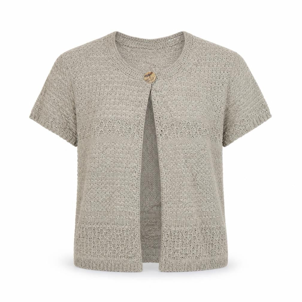 LarkBay Women's Beige M Open Knit Short Sleeve Button Cardigan