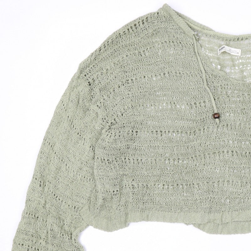 Pull&Bear Women’s Green UK 12 Hooded Open-Knit Cotton Pullover