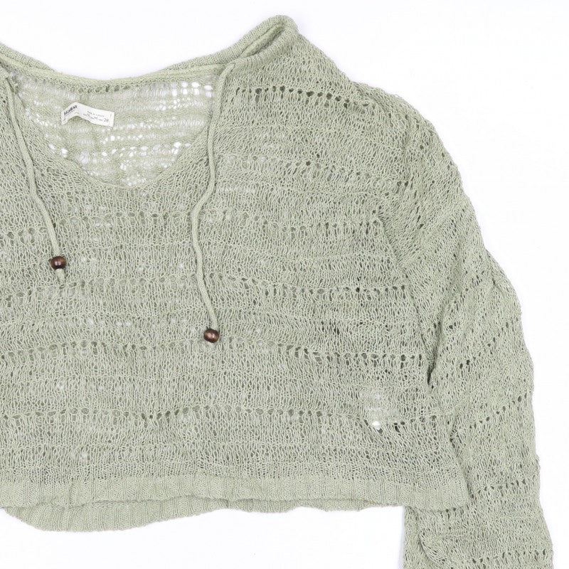 Pull&Bear Women’s Green UK 12 Hooded Open-Knit Cotton Pullover