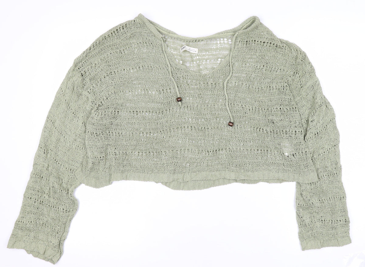 Pull&Bear Women’s Green UK 12 Hooded Open-Knit Cotton Pullover