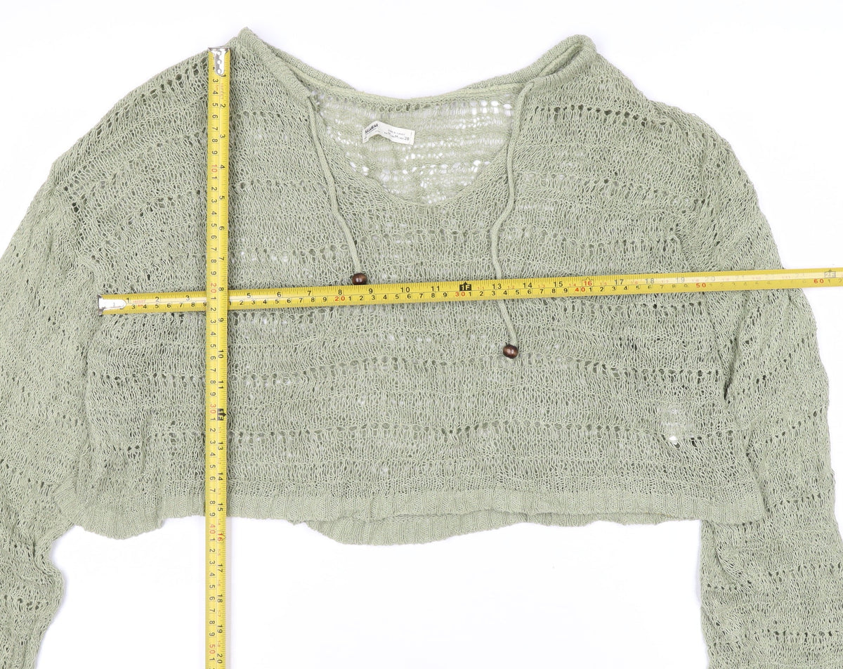 Pull&Bear Women’s Green UK 12 Hooded Open-Knit Cotton Pullover