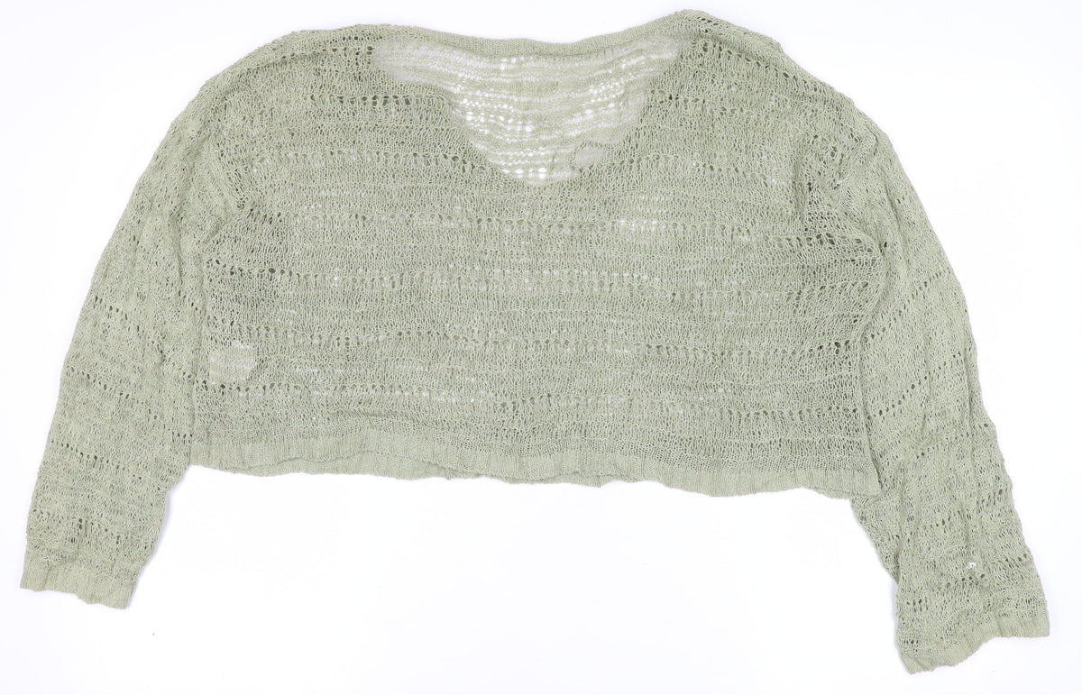 Pull&Bear Women’s Green UK 12 Hooded Open-Knit Cotton Pullover