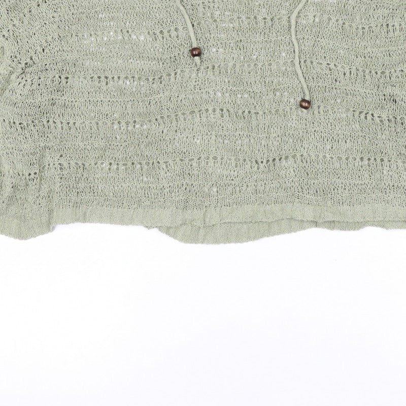 Pull&Bear Women’s Green UK 12 Hooded Open-Knit Cotton Pullover