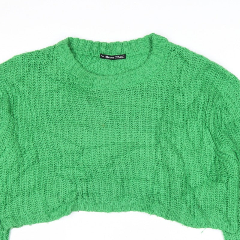 Threadbare Women Green UK 10 Cable Knit Cropped Pullover Jumper