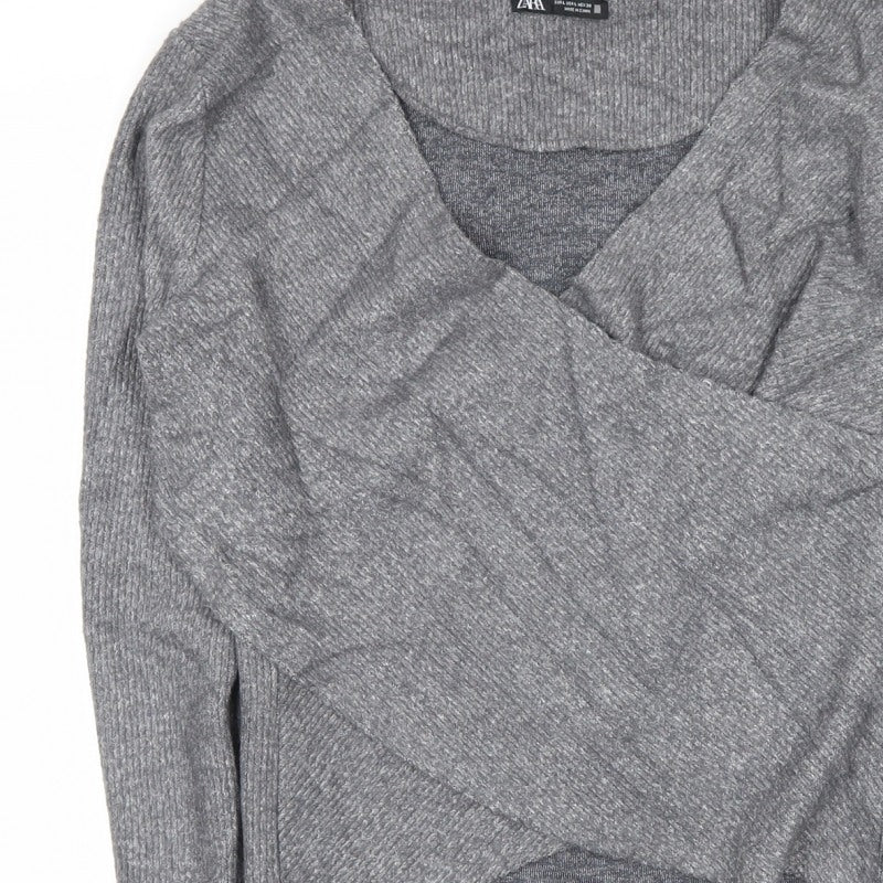 Zara Women Grey L Wrap V-Neck Long Sleeve Knit Jumper