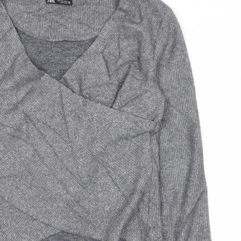 Zara Women Grey L Wrap V-Neck Long Sleeve Knit Jumper