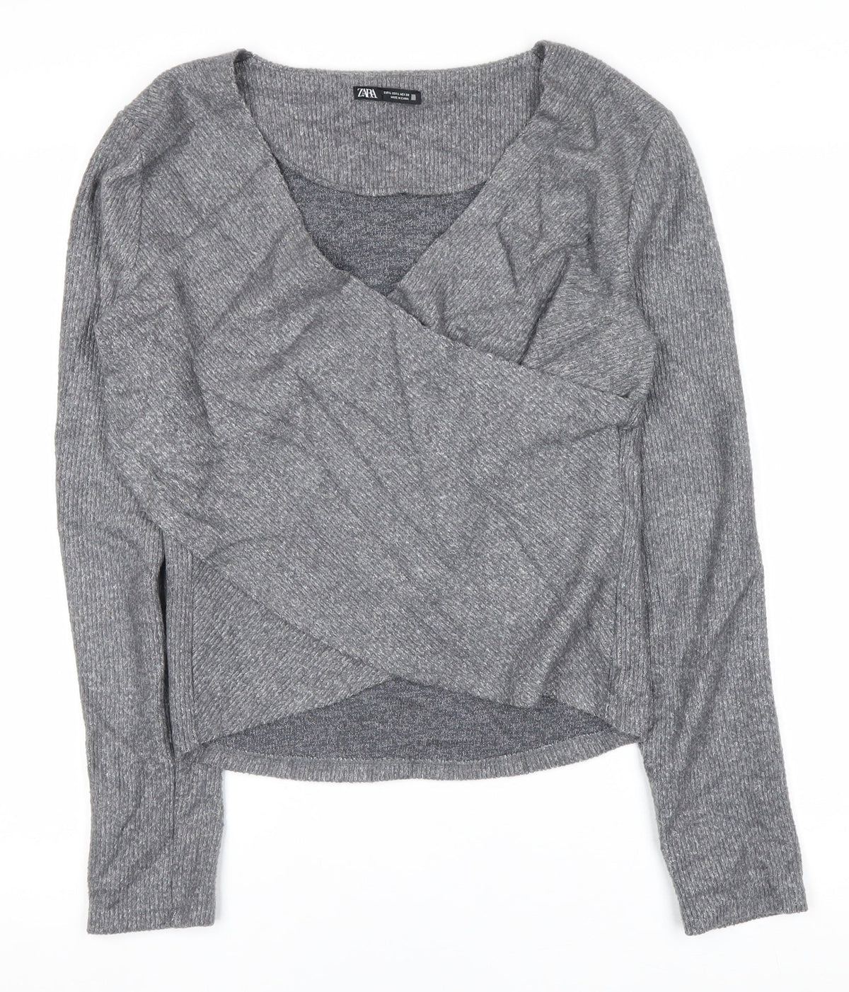 Zara Women Grey L Wrap V-Neck Long Sleeve Knit Jumper