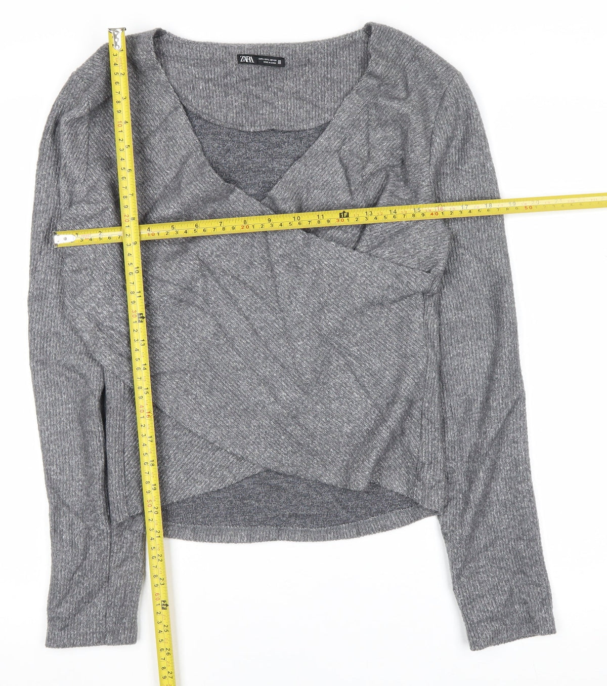 Zara Women Grey L Wrap V-Neck Long Sleeve Knit Jumper