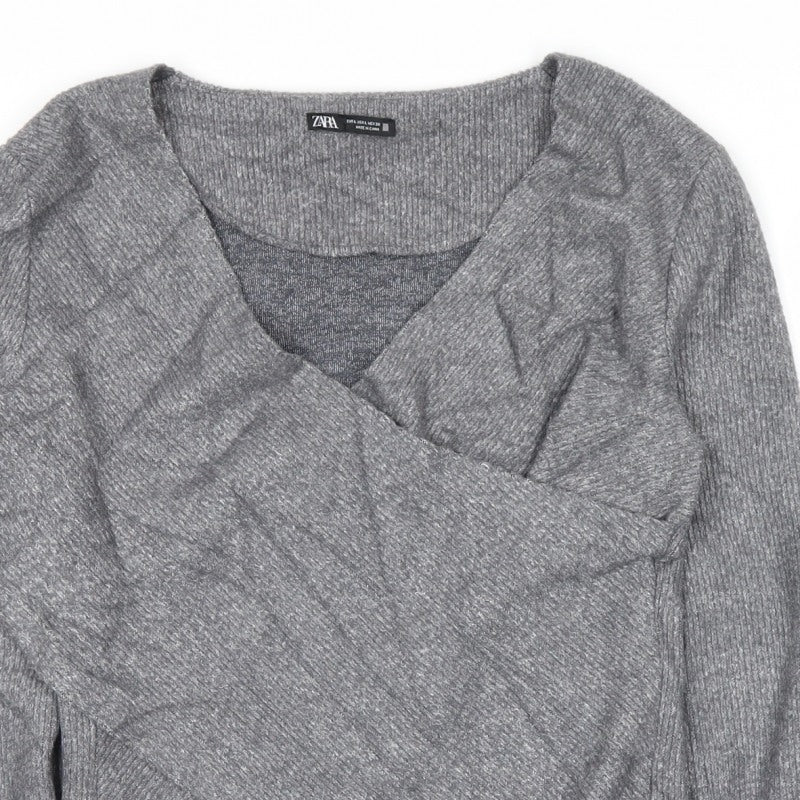 Zara Women Grey L Wrap V-Neck Long Sleeve Knit Jumper