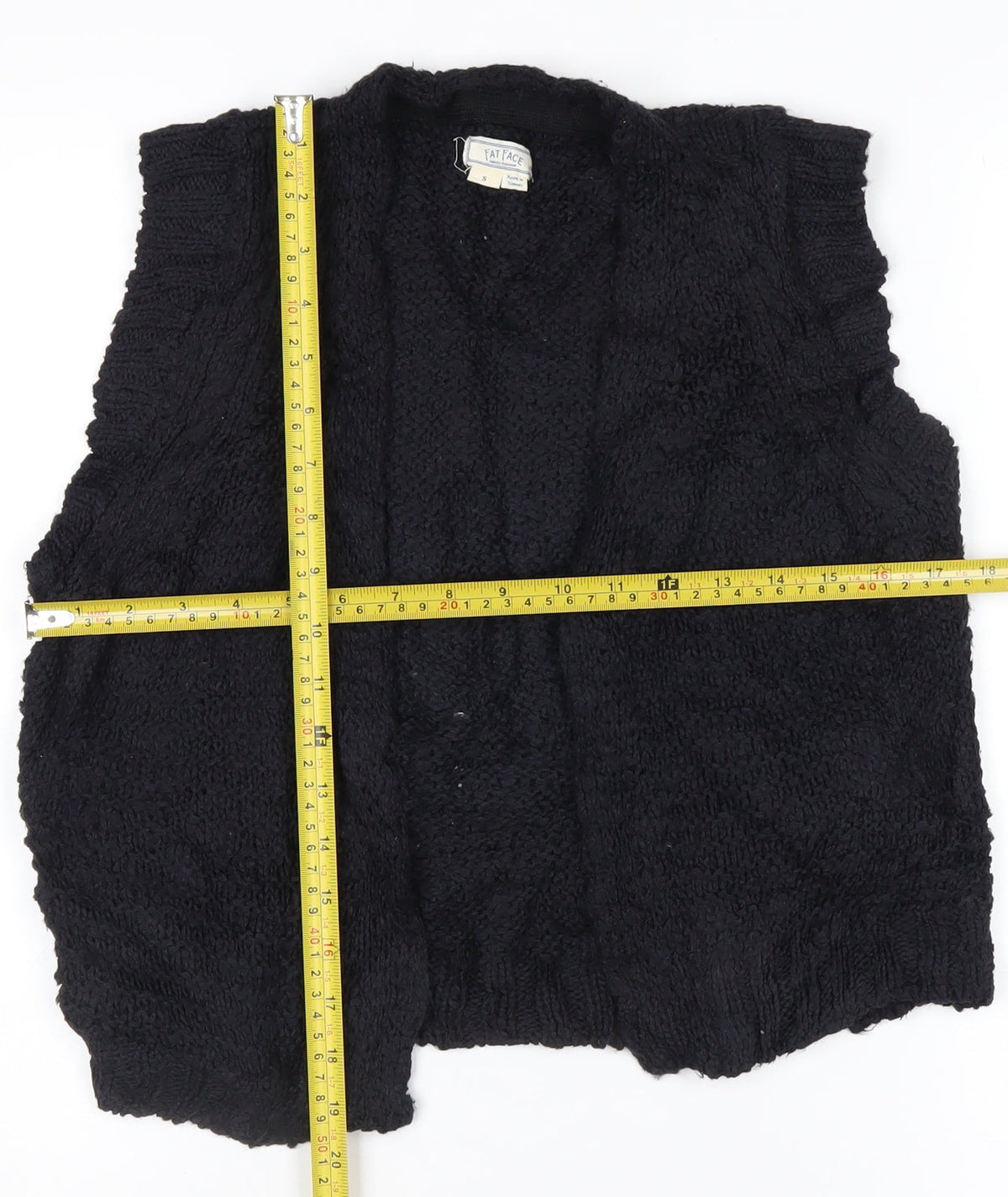 FatFace Women’s Black S Chunky Knit Open Vest Cardigan Sleeveless