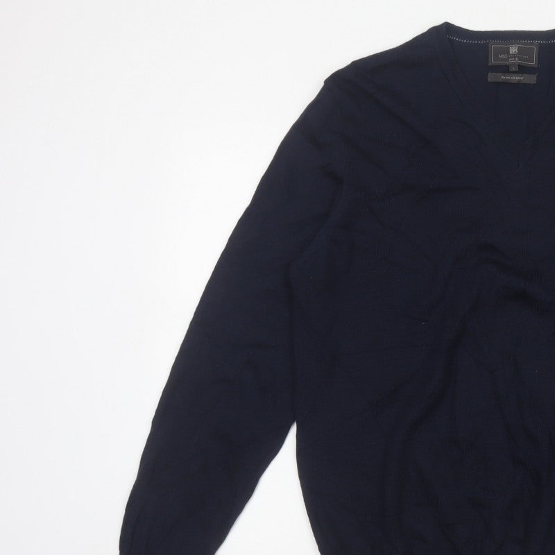 Marks and Spencer Men Blue L Slim Fit Merino Silk V-Neck Pullover