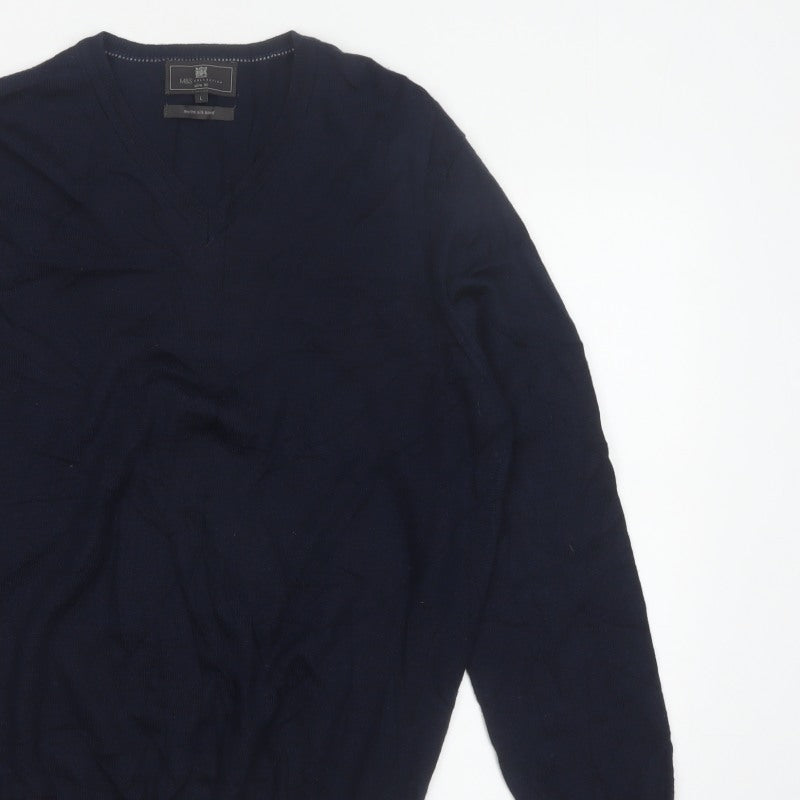 Marks and Spencer Men Blue L Slim Fit Merino Silk V-Neck Pullover