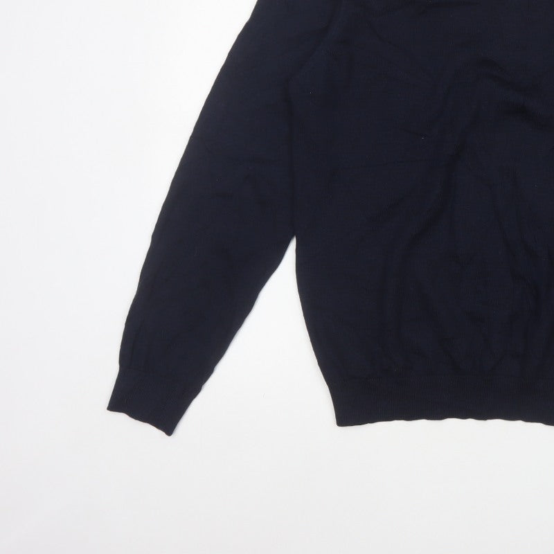 Marks and Spencer Men Blue L Slim Fit Merino Silk V-Neck Pullover