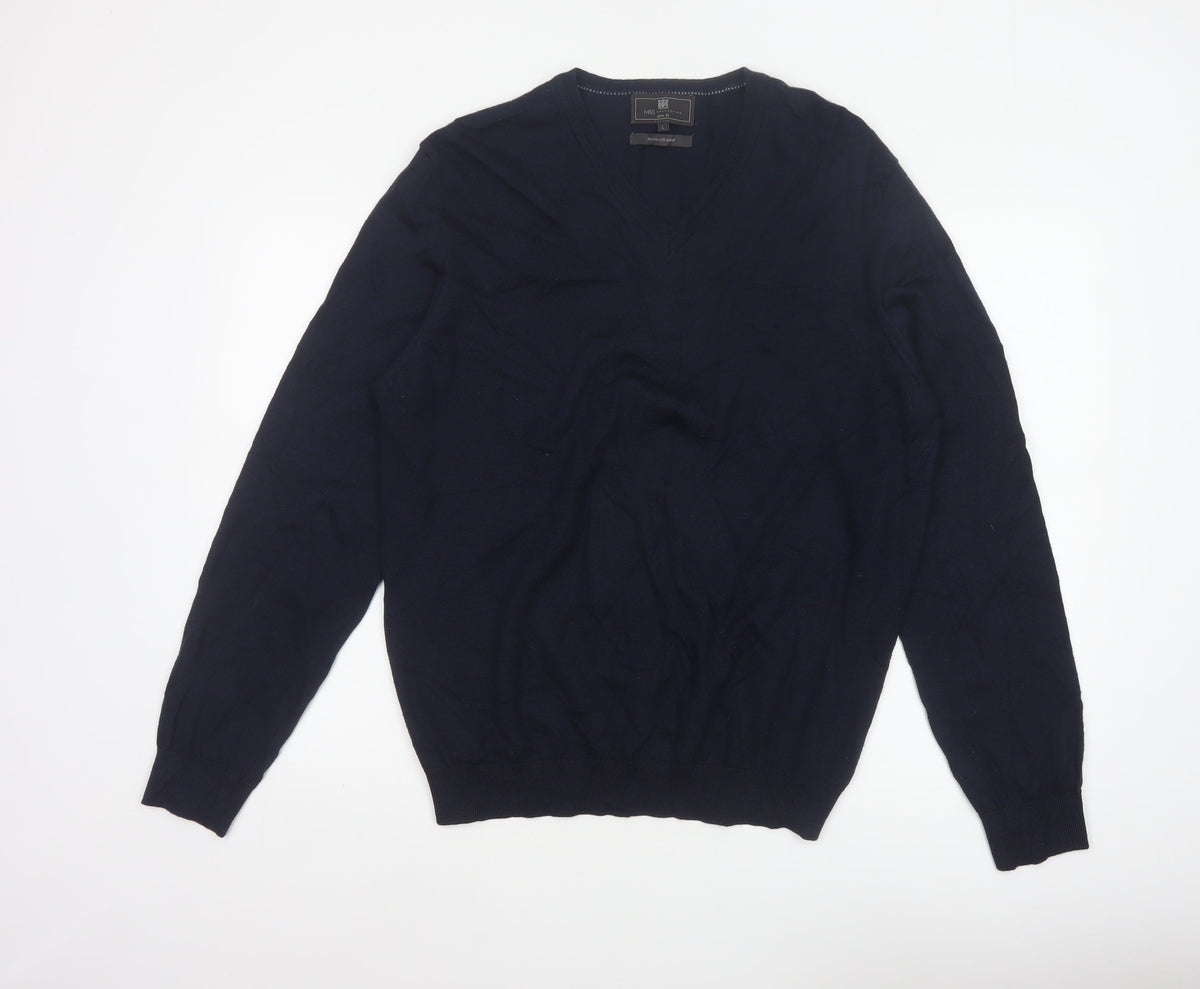 Marks and Spencer Men Blue L Slim Fit Merino Silk V-Neck Pullover