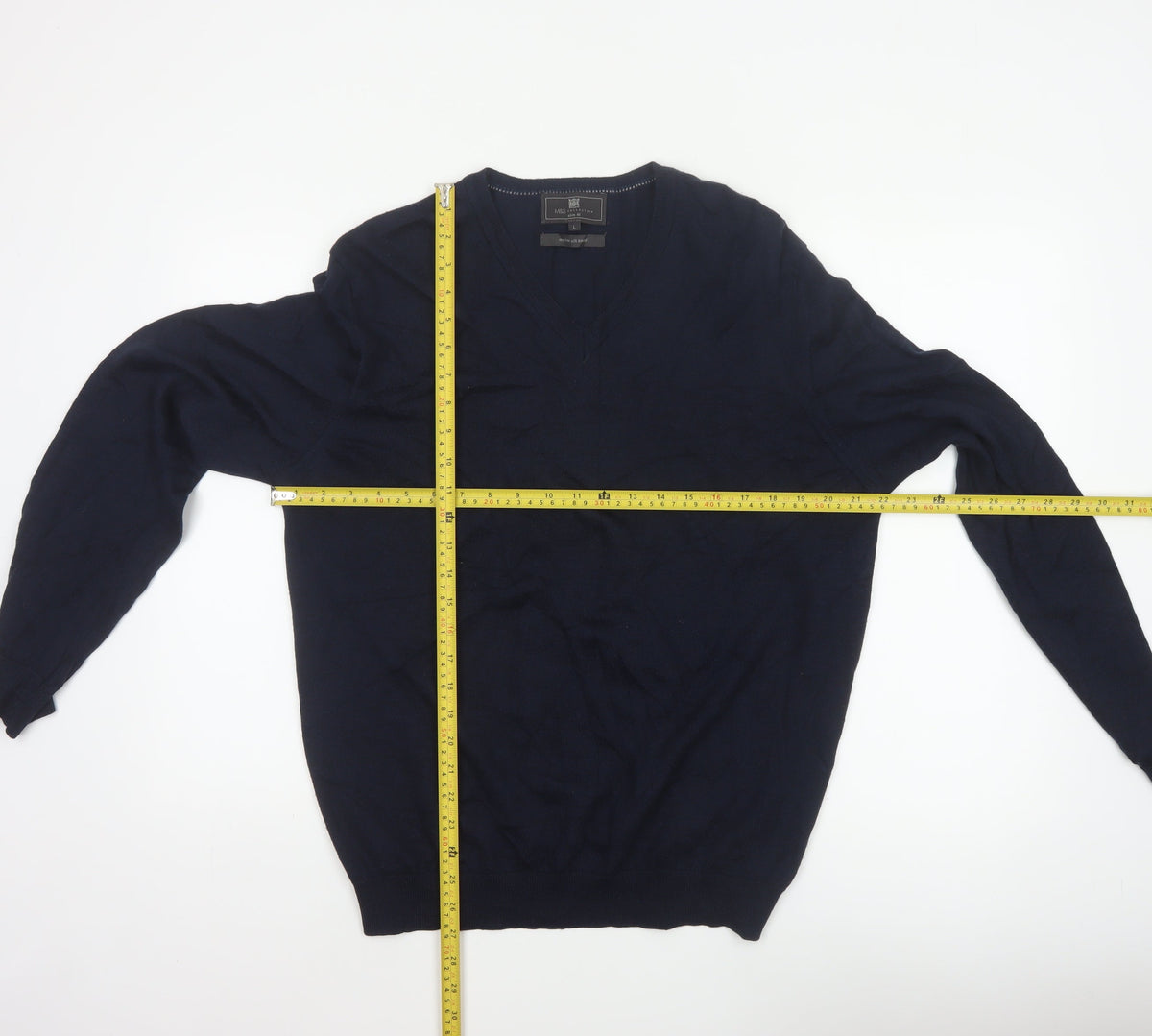 Marks and Spencer Men Blue L Slim Fit Merino Silk V-Neck Pullover