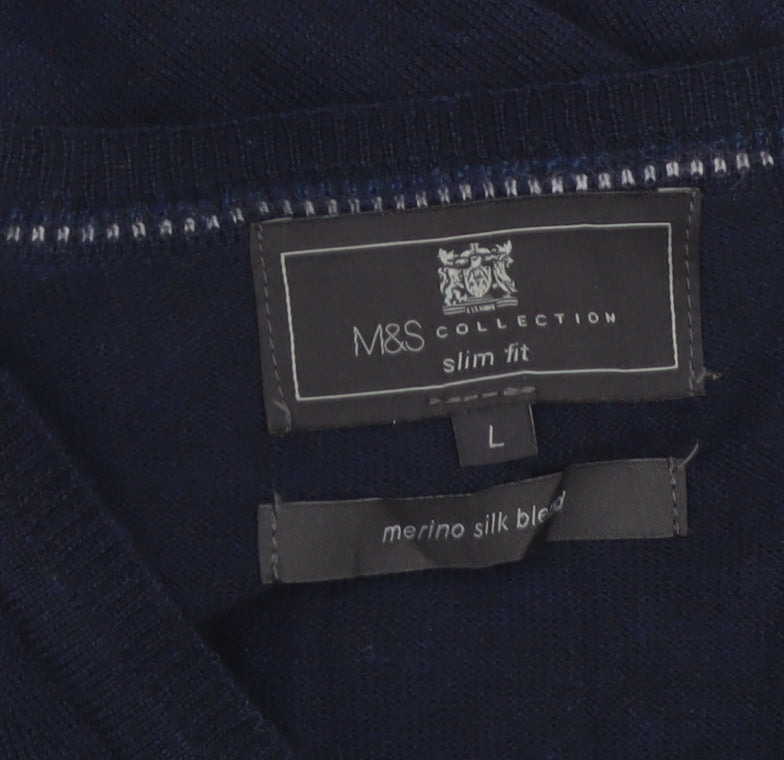 Marks and Spencer Men Blue L Slim Fit Merino Silk V-Neck Pullover