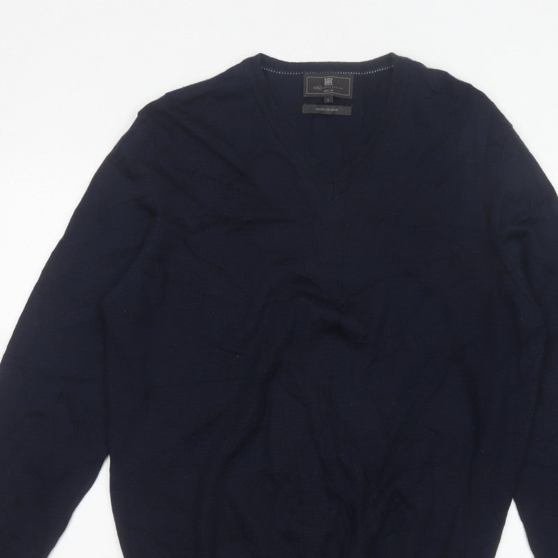 Marks and Spencer Men Blue L Slim Fit Merino Silk V-Neck Pullover
