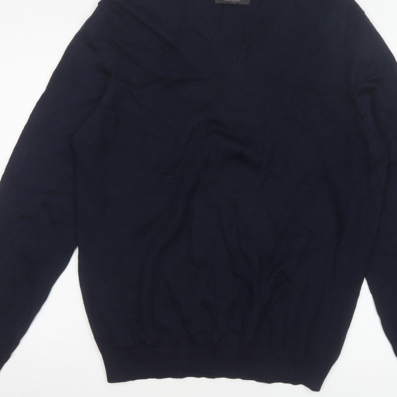 Marks and Spencer Men Blue L Slim Fit Merino Silk V-Neck Pullover