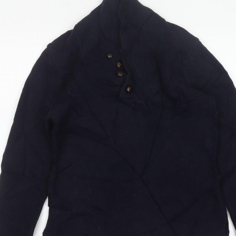 Acne Mens Navy Blue M Wool High Neck Button Henley Jumper