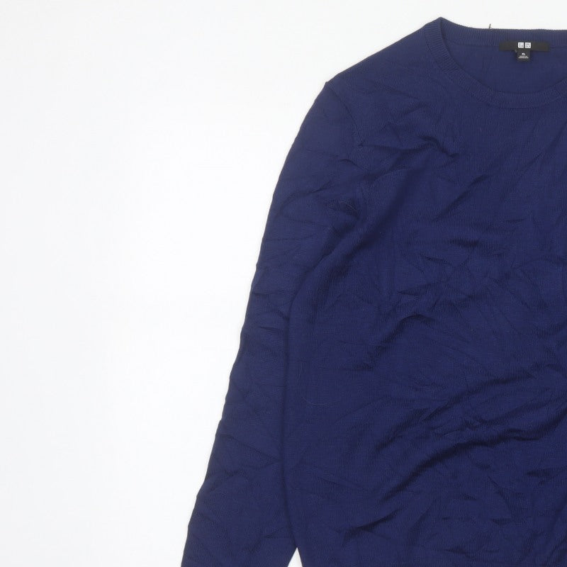 Uniqlo Men Blue XL 100% Wool Crew Neck Tight Knit Pullover Jumper