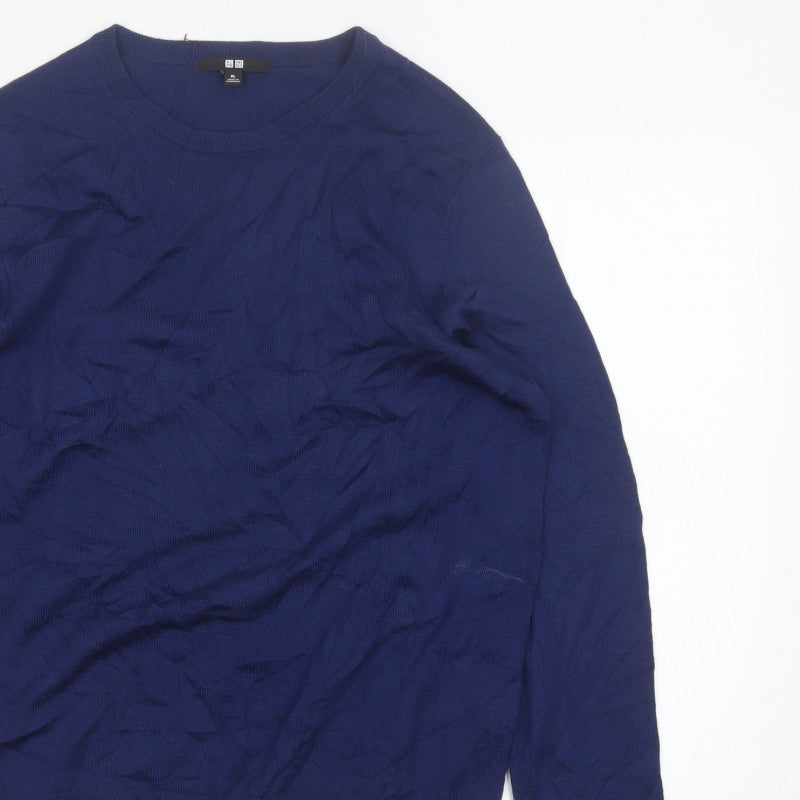 Uniqlo Men Blue XL 100% Wool Crew Neck Tight Knit Pullover Jumper