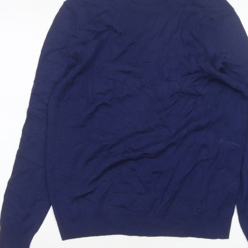 Uniqlo Men Blue XL 100% Wool Crew Neck Tight Knit Pullover Jumper